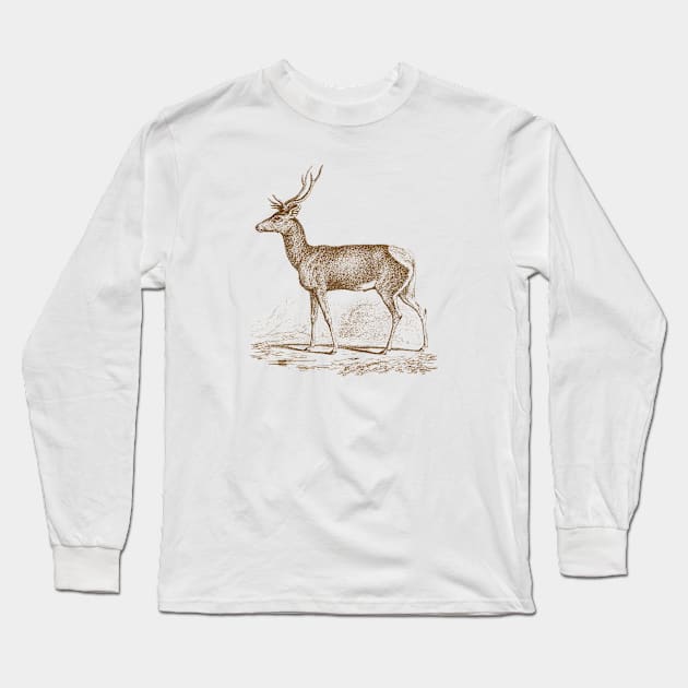 Deer Monochrome Vintage Wildlife Illustration Long Sleeve T-Shirt by Biophilia